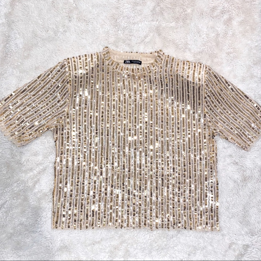 ZARA SEQUIN HIGH NECK CROP BLOUSE- GOLD